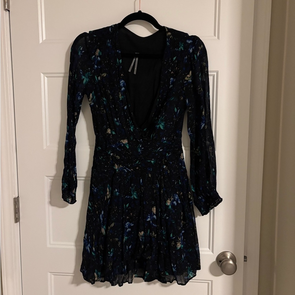 Anthropologie Black and Blue Floral Long Sleeve Dress